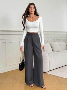 SHEIN Tall 休闲百搭纯色高腰阔腿裤，显高休闲秋冬款 - 深灰色 - 查看 4