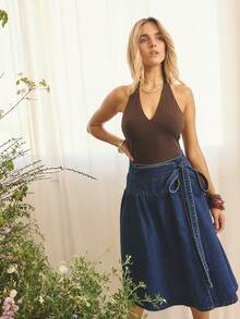 Aralina Chân váy denim midi dáng suông thanh lịch dành cho nữ, kiểu thắt eo bất đối xứng, màu trơn, tối giản, phong cách thường ngày, thích hợp cho công sở, đi làm, kiểu đồng quê, kiểu Stockholm. - Rửa tối - Xem 9
