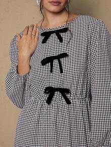 Freevana Váy kẻ caro nơ viền bèo nhún cỡ lớn, mùa thu - Đen và trắng - Xem 2