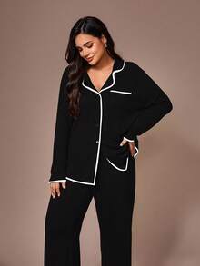 Lazeform 大码柔软针织花卉网纱撞色包边法式休闲上衣，带纽扣，上衣和裤子套装，家居服/睡衣套装，秋冬服装 - 黑色 - 查看 5