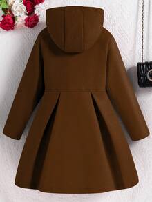 SHEIN Tween Girls Red Ruffle Trim Long Sleeve Casual Hooded Single-Breasted Overcoat - Coffee Brown - View 2