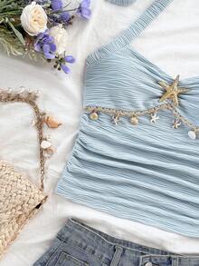 Soleia 女士度假露背系带海星贝壳装饰蕾丝V领花卉金属扣白色针织纹理修身背心，性感修身时尚上衣，适合派对、约会、邮轮、海滩、夏季度假，蓝色沙滩风情夏季上衣 - 藍色 - 查看 5