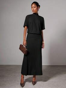 COSMINA Women's Casual Solid Color Stand Collar Short Sleeve Dress - Black - View 4