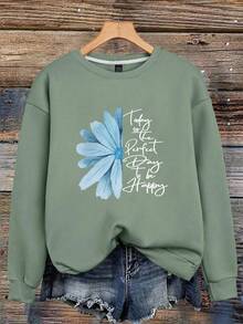 EMERY ROSE Women's Sweatshirt Warm Lined Floral Slogan Print Pullover Long Sleeve Top, Christmas