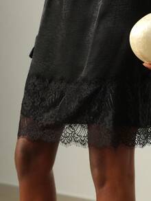 Vesra Vestido de manga larga con cuello drapeado, elegante y versátil, para otoño/invierno, con aplicaciones de encaje, adecuado para múltiples ocasiones