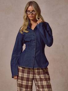 MUSERA Cinched Waist Balloon Sleeve Denim Shirt Cool Girl Streetstyle Everyday Casual Fall Autumn Winter - Dark Wash - View 1