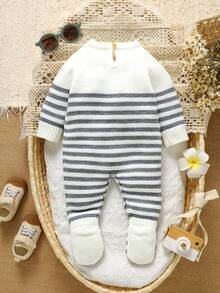 SHEIN 1pc Newborn Striped Crew Neck Long Sleeve Romper, Casual & Minimalist Design - Grey - View 2