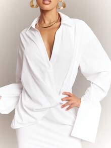 Hauture 女士办公室休闲优雅低领侧开衩超长袖衬衫裙 - 白色 - 查看 6