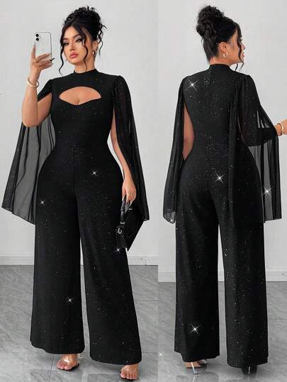 Elenzga Plus Size Women's Elegant Party Dress, Sequin Embellished, Long Sleeve Jumpsuit, Autumn/Winter, Party Dress For Women, Black Jumpsuit