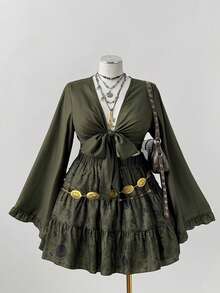 Sunspun 两件套：森林绿刺绣编织上衣搭配编织半裙，初秋 - 軍綠色 - 查看 7