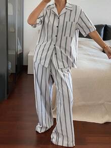 DAZY 女士休闲条纹撞色纽扣睡衣套装 - 灰色 - 查看 6