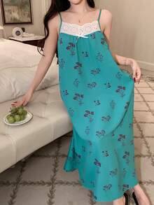 DAZY 女士花卉印花拼接饰边吊带睡裙 - 藍色 - 查看 6