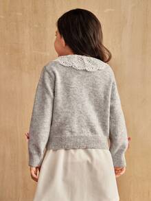 SHEIN Young Girl Cute Gray Cardigan Knit Sweater With Floral Lace Collar, Patchwork Long Sleeve, Bow Button Front Girl Cardigan Sweater Lace Collar Cardigan Fall Winter - Light Grey - View 2