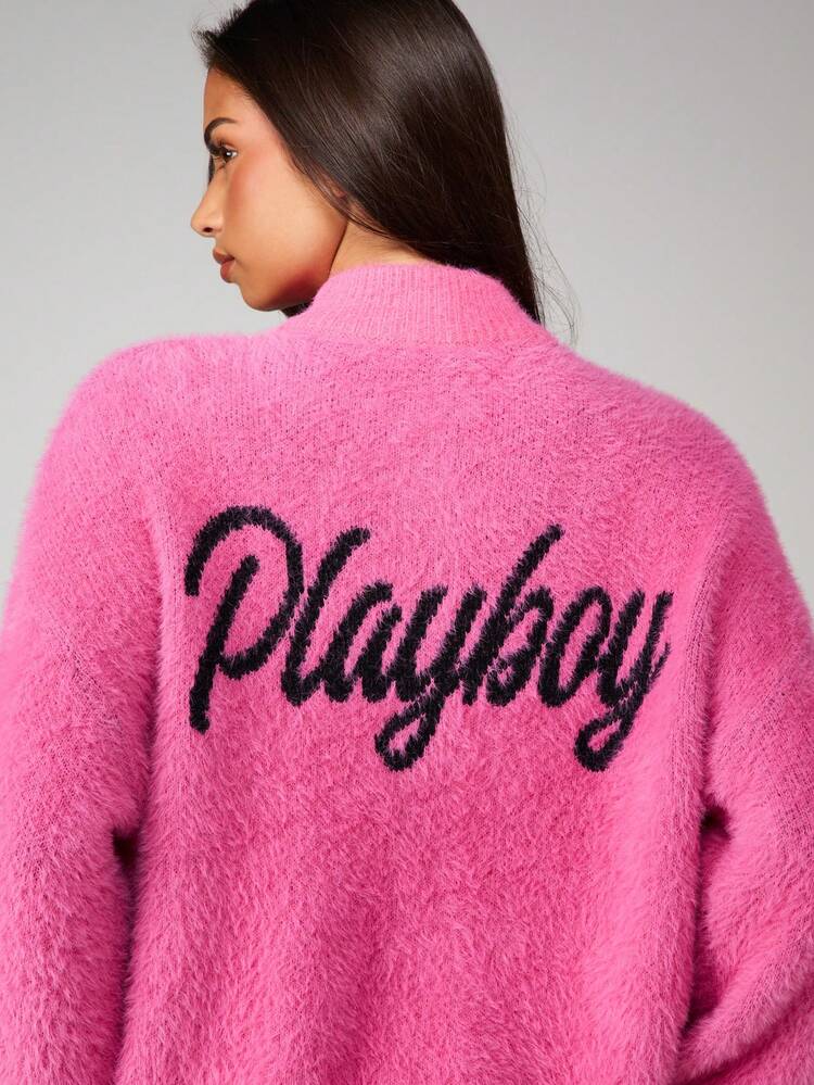 Missguided x Playboy Fuzzy Knit Sweater With Script Back Print Long Sleeve Winter Pullover