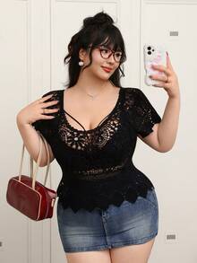 CovetEZ Plus Size Summer Crochet Vintage Vacation Knit Top Black Crochet Top Lace Top Crochet Top Women Black See Through Top Lace Tops For Women - Black - View 5