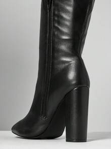 SHUZIA بوت نسائية رائعة من الجلد الاصطناعي الأسود ذات رؤوس مدببة وكعب سميك وساق واسعة مناسبة للرقص والحفلات في فصلي الخريف والشتاء - الأسود - مشاهدة 6