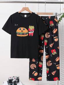 SHEIN Tween Boy Casual Minimalist Round Neck Short Sleeve T-Shirt And Hamburger Print Loose Pajama Pants 2 Pieces Sleepwear Set - Multicolor - View 3