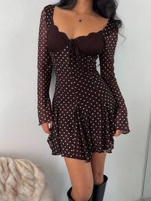 MainGRL Váy mini chấm bi dài tay thường ngày mới, mùa thu - Cà phê nâu - Xem 4