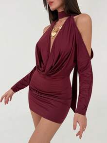Aloruh Women's Plunging Neck Cold Shoulder Burgundy Mini Dress,Elegant Wedding Guest Evening Formal Party Dress For Winter,Techno Date Night Out Rave - Cherry Red - View 7