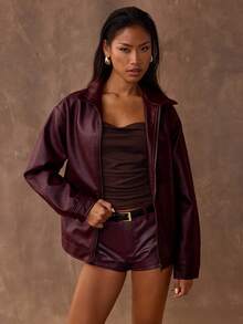 SHEIN BAE Women's Solid Color Casual Jacket For Commuting, Autumn,Cozy Fall And Winter Clothes For Women - Burgundy - View 6