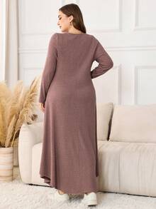 Lacomfia 大码纯色长袖针织秋冬罗纹长款休闲蕾丝边连衣裙 - 藕粉色 - 查看 2