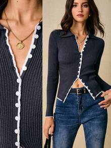 Poéselle Gray Color-Blocked Sweater,Contrast-Trim Ribbed Collared Cardigan Top – Slim-Fit Button-Front Knit Sweater For Chic Preppy & Quiet-Luxury Layering,Women's Contrast Color Knit Long Sleeve Top Autumn Winter Clothes For Women,Polo Collar Cardigan,Preppy Fall Outfit,Quiet Luxury Knitwear,Button Front Knit Top,Dark Academia Style,Capsule Wardrobe Essentials,Winter Clothes For Women Knit Tops