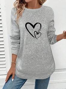 SHEIN LUNE Áo sweatshirt nữ cổ tròn, dáng bất đối xứng, lót giữ nhiệt, thoải mái, họa tiết trái tim, đa năng và thanh lịch, phù hợp mặc ngoài trời, phong cách thu đông, thường ngày. - Xám - Xem 4