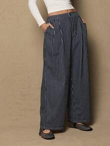 SHEIN VCAY Plus Size Striped Casual Pants Stripe Pants Women Wide Leg Pants Western - Blue and White - View 2