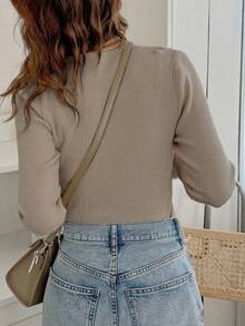 FRIFUL Women's Solid Color Patchwork Fuzzy Trim Flare Sleeve Fitted Sweater, Autumn/Winter - Camel - View 4