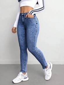 SHEIN Tall CURVE 大码女式蓝色牛仔弹力紧身裤 - 深色水洗藍 - 查看 7