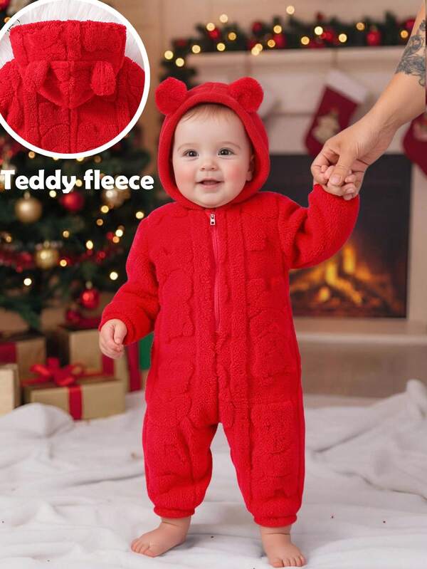 SHEIN Mono de bebé niña de unicolor de felpa de peluche con capucha de punto, cálido y acogedor, con capucha con orejas lindas, mono casual adecuado para invierno, Navidad, fiestas. Ropa de estar en casa de invierno para niñas, a juego con mamá