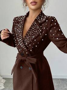Elenzga Manteau pour femmes avec décoration de perles, croisé, design cintré à la taille, élégant pour le quotidien, les trajets, le style casual, la mode, le style de rue français, le vintage, les fêtes, les affaires, noir, manches longues, automne/hiver - Tabac - Voir 5
