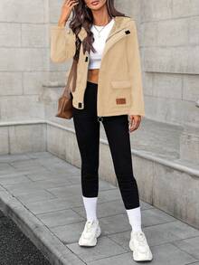 SHEIN LUNE Women's Solid Color Thermal Lined Hoodie With Pockets, Regular Fit Casual Everyday Jacket, Autumn/Winter