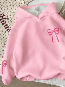 SHEIN 女婴休闲可爱蝴蝶结图案宽松舒适卫衣，奶油粉色，适合秋冬季节穿着。女婴粉色外套，女婴蝴蝶结服装，女婴粉色卫衣，女婴卫衣 - 彩色 - 查看 3