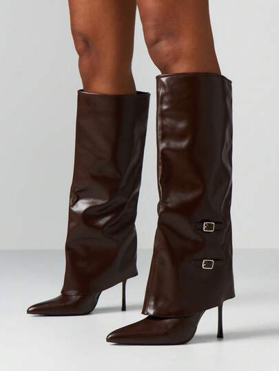 MISSGUIDED Botas altas hasta la rodilla con puntera afilada, detalles de hebilla y tacón de stiletto para la moda de otoño e invierno