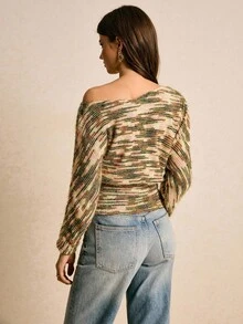 Poéselle Camisetas femininas, tecido felpudo degradê, camisetas de manga comprida, camisetas casuais, blusas femininas, camisetas com ombros assimétricos, blusa feminina com estampa total e manga morcego, blusa feminina da moda para o outono, blusa feminina de inverno, blusa ombro a ombro, roupas femininas para o outono e inverno, estilo clássico. - Multicolorido - Ver 7
