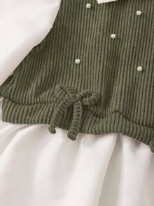 Elladie kids Girls' Spring/Autumn Casual Shirt Set, Green 3D Bow Design, Beaded Knit Ribbed Fabric, White Long Sleeve Ruffle Hem Shirt Top Paired With Khaki Pearl Flared Pants, 2pcs Outfit, Suitable For Back To School, Casual, Fashion, Sweet, Comfortable Outdoor Travel Set Outfit For Women Pants And Top Set Teen Girl Outfit Set Green Outfit Full Outfit Set - Army Green - View 7