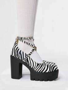 ROMWE Goth 女士闭趾交叉绑带玛丽珍鞋，朋克哥特厚底厚跟绑带搭扣JK制服鞋，防水正式工作高跟鞋 - 彩色 - 查看 5