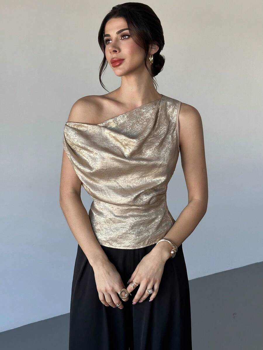 Firerie 女士新款优雅简约日常派对修身上衣，金色涂层无袖褶裥肩部修身女士新款上衣，秋冬女士度假外出衬衫上衣 - 金色 - 查看 1