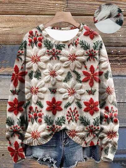 EMERY ROSE Autumn/Winter Knitted Floral Print Crew Neck Long Sleeve Casual Sweatshirt For Women, Christmas