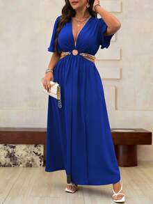 Roveilla Plus Size Women's Solid Color Deep V-Neck Ruffle Sleeve Slit Hem Elegant Dress Maxi Women Outfit - Royal Blue - View 5
