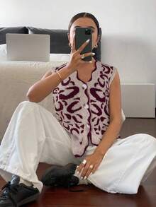 Siren Gaze 秋冬女士休闲豹纹提花针织毛衣背心 - 卡其色 - 查看 3