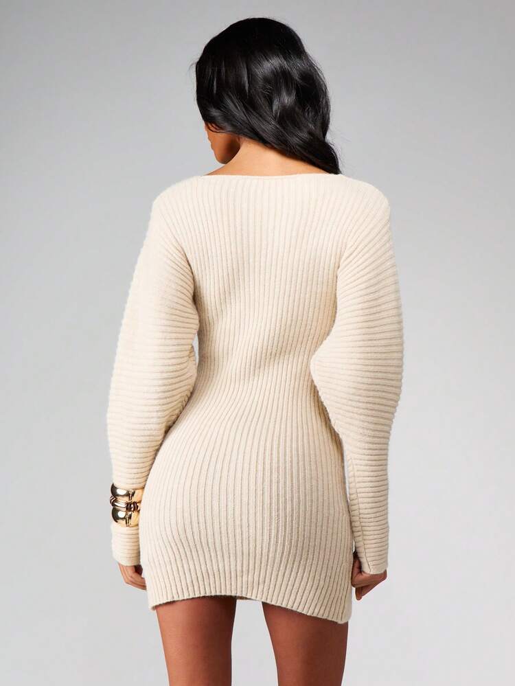 MISSGUIDED Women Ribbed Knit Sweater Dress Long Sleeve Bodycon Mini Dress Fall Winter Sweetheart Neckline