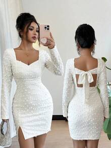 Rafferiza Đầm ngắn tay dài hở lưng thắt nơ màu trơn thanh lịch cho nữ, thích hợp mặc trong các dịp lễ như tiệc về quê, Giáng sinh, Halloween, năm mới, tiệc Valentine - Màu be - Xem 2