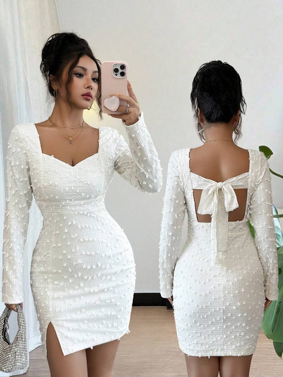 Rafferiza Đầm ngắn tay dài hở lưng thắt nơ màu trơn thanh lịch cho nữ, thích hợp mặc trong các dịp lễ như tiệc về quê, Giáng sinh, Halloween, năm mới, tiệc Valentine