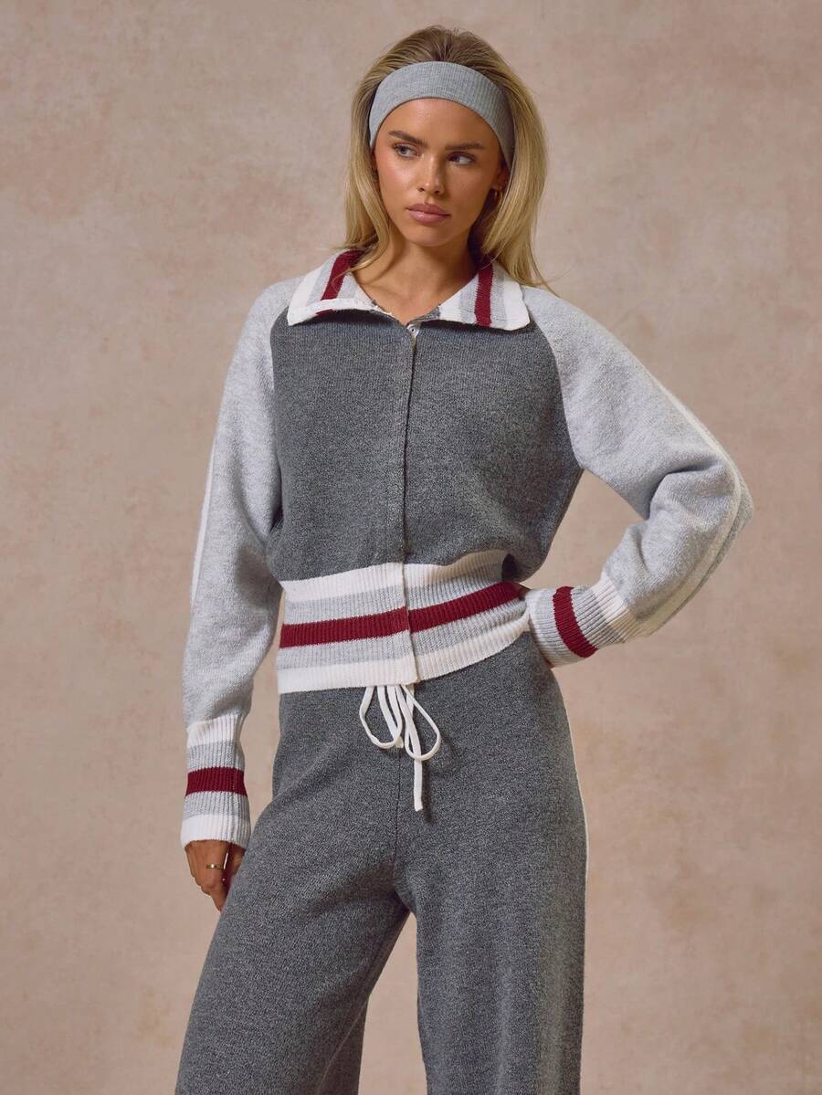 MUSERA Cardigan tricotat cu guler îngust, cu nervuri contrastante, stil streetwear, stil casual, tricotat, de zi cu zi, stil retro - Gri inchis - Vizualizare 1