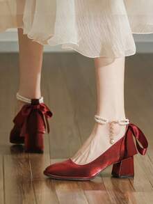 Zapatos de Tacón Grueso con Lazo de Perlas para Mujer, Tacones Elegantes de Punta Cuadrada, Cómodos y Versátiles, Ideales para Boda, Vestido de Noche o Fiesta    Women's chunky heel pumps with pearl bow, elegant square-toe high heels, comfortable and versatile shoes for wedding, evening dress or party) - Rojo - Ver 4