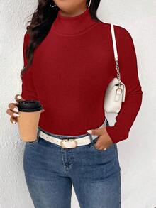 大码纯色高领毛衣，秋冬休闲装 - 紅色 - 查看 3