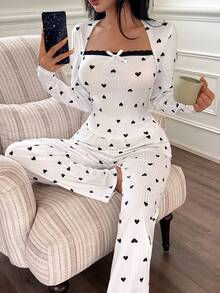 SHEIN 女士罗纹爱心印花露脐上衣和裤子睡衣套装，可爱休闲，秋冬服装 - 黑色 - 查看 6