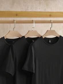 Manfinity NXTstreet Bộ 3 áo thun tay ngắn dệt kim màu trơn thường ngày cho nam, thích hợp mặc hàng ngày, áo cơ bản - màu đen - Xem 5